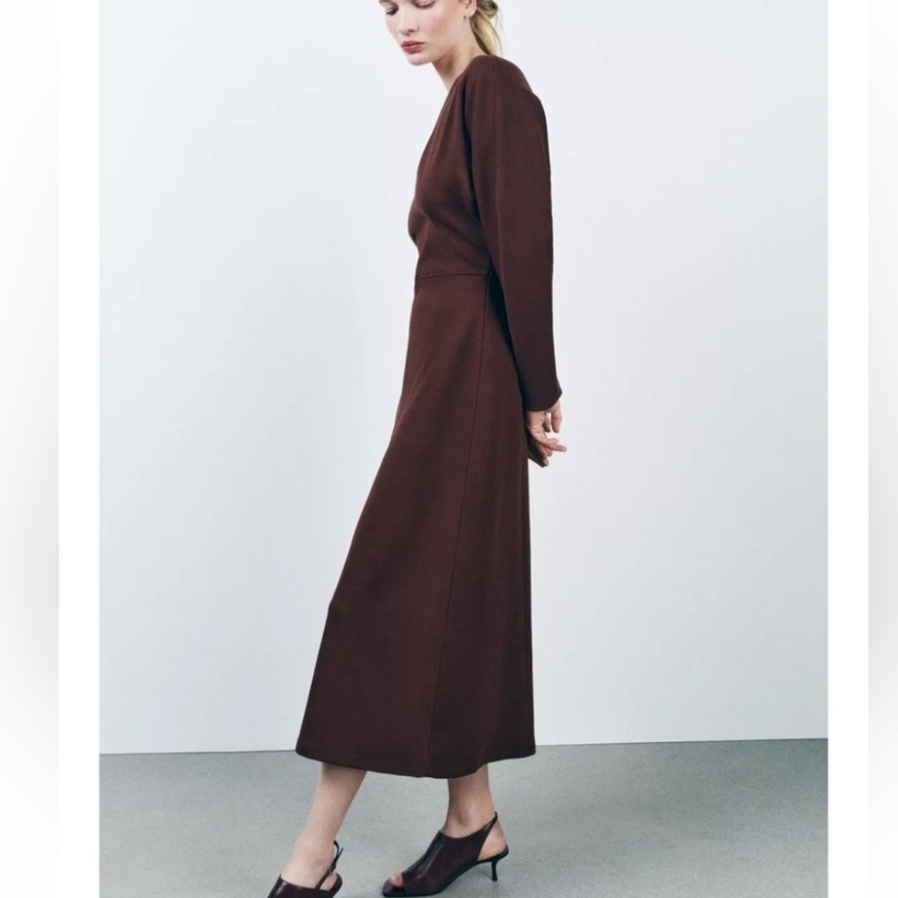 Zara Burgundy V-Nack Long Sleeve Dress